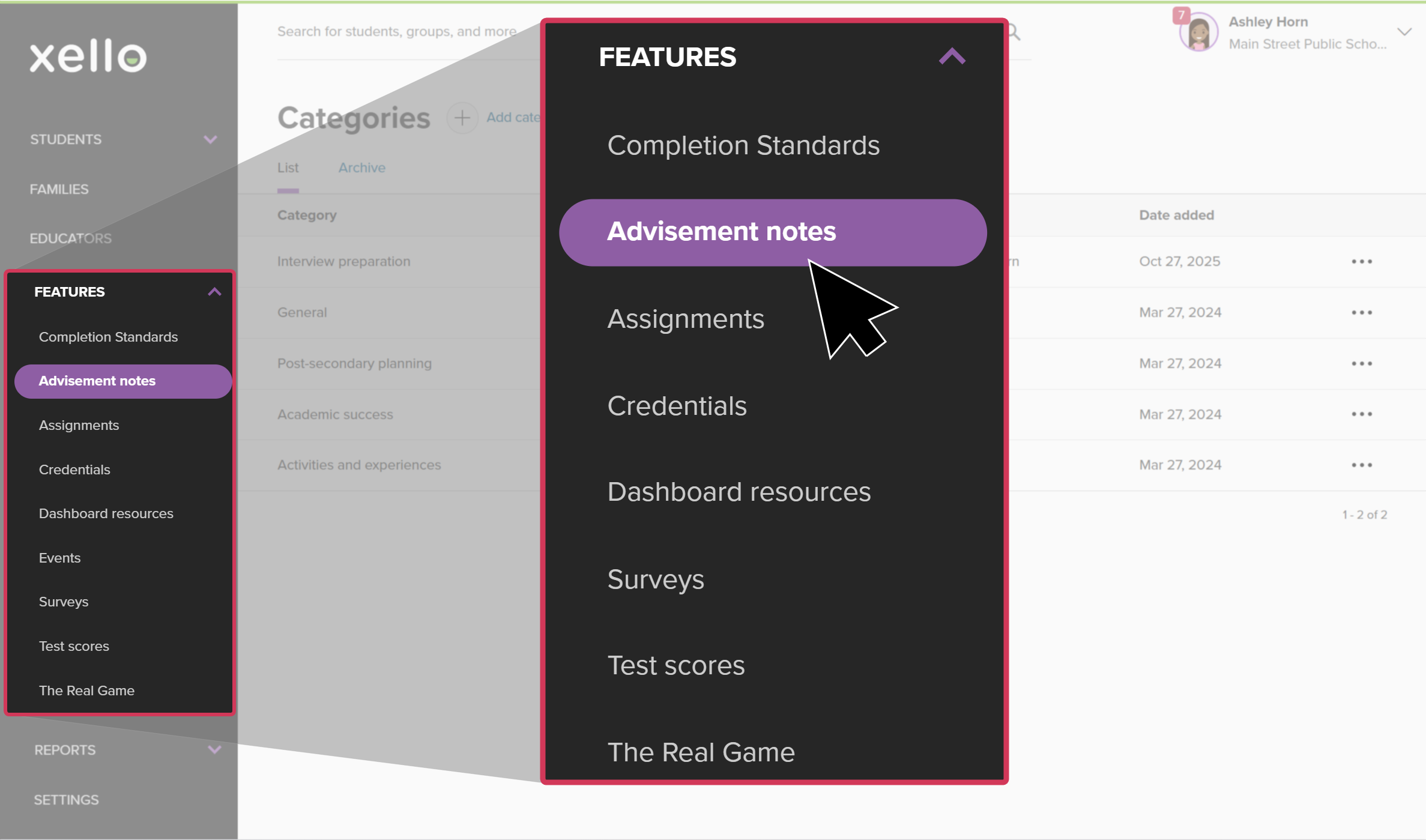 Educator account in Xello. The left menu is highlighted with Features open. The cursor is clicking Advisement notes.